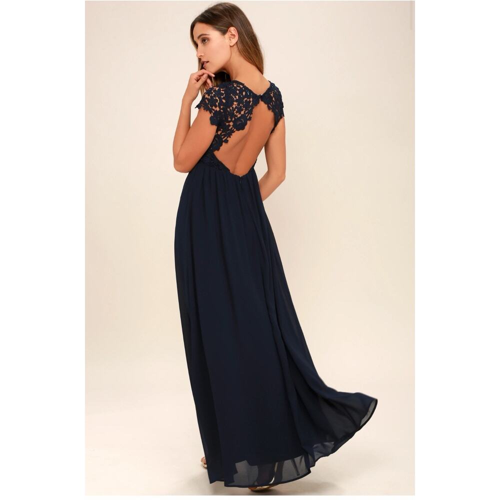 Lulus The Greatest Navy Blue Maxi Dress‎ Open Back Chiffon Lace Size M Weddings